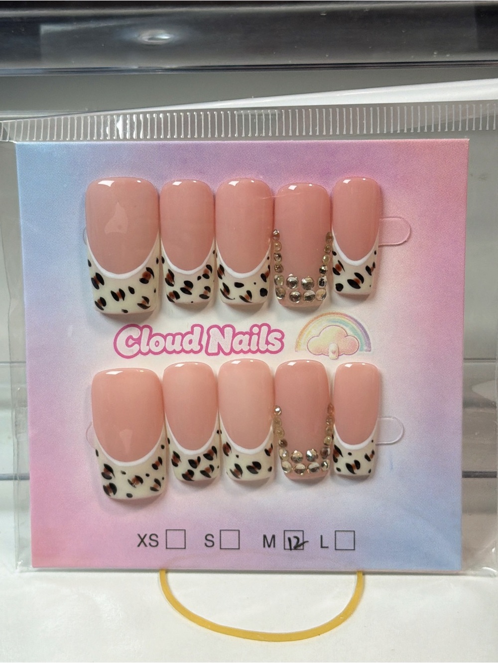 Pink Leopard French Tip Press-On Nail Set with Rhinestones